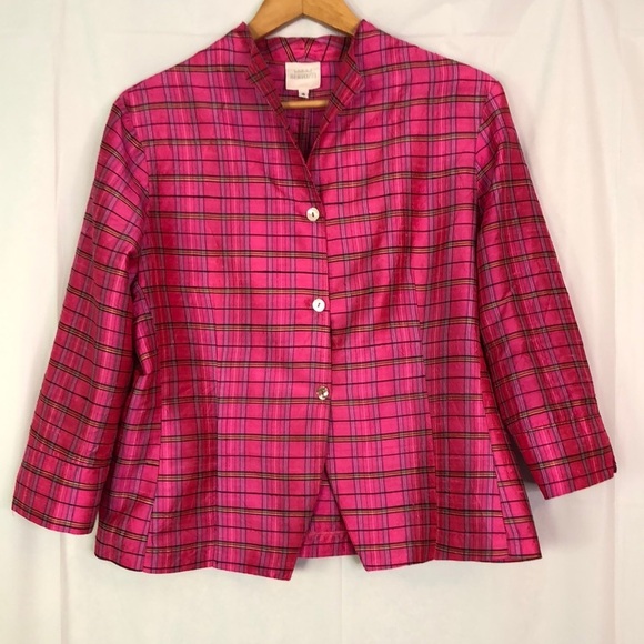 LINDA BERTOZZI PINK PLAID SILK DUPIONI GIDGET BLOUSE SIZE 4 - Picture 1 of 11
